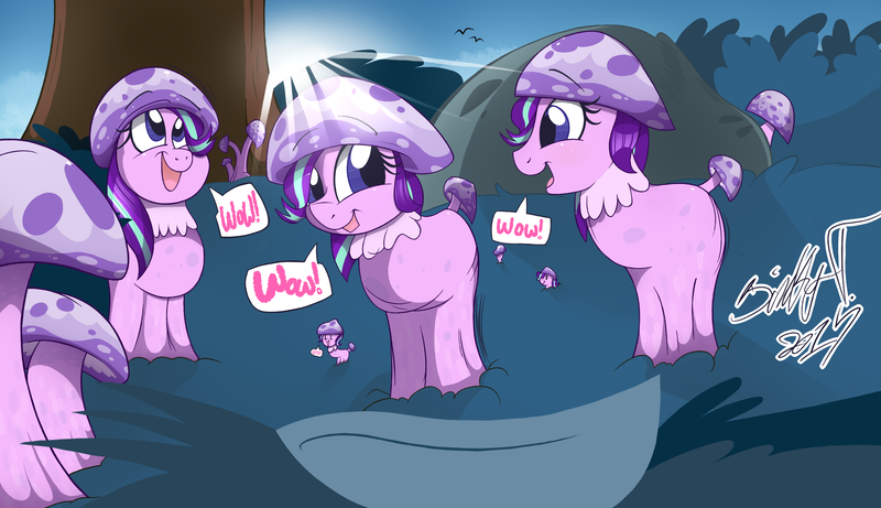 Size: 3114x1795 | Tagged: adorawat, artist:binkyt11, artist:dragonpone, bird, blushing, bush, colored, color edit, crepuscular rays, cute, derpibooru import, dialogue, edit, fungus, glimmerbetes, glumshroom, happy, looking at each other, looking up, meme, micro, multeity, mushroom, mushroom pony, open mouth, original species, rock, safe, size difference, smiling, speech bubble, starlight cluster, starlight glimmer, sun, tree, wat, wow, wow! glimmer