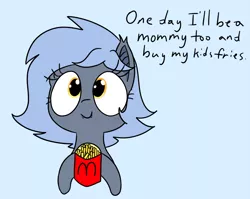 Size: 1539x1227 | Tagged: safe, artist:wafflecakes, derpibooru import, oc, oc:panne, unofficial characters only, bat pony, pony, blue background, bust, cute, cute little fangs, dialogue, fangs, food, french fries, looking at you, mcdonald's, simple background, smiling, solo, that pony sure does love fries