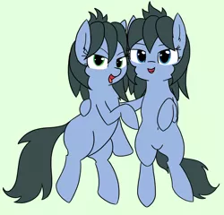 Size: 1722x1650 | Tagged: safe, artist:wafflecakes, derpibooru import, oc, oc:abstract module, oc:reflect decrypt, unofficial characters only, earth pony, pony, duo, female, green background, looking at you, mare, simple background, smiling, tongue out, twinces, twins