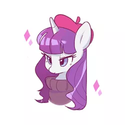 Size: 500x500 | Tagged: safe, artist:dilandau203, derpibooru import, rarity, pony, unicorn, beatnik rarity, beret, bust, clothes, female, hat, mare, portrait, simple background, solo, sweater, white background