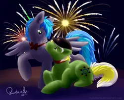 Size: 2100x1700 | Tagged: safe, artist:rudazmora, derpibooru import, oc, unofficial characters only, earth pony, pegasus, pony, blue, cap, collar, couple, female, fireworks, gray, green, happiness, hat, male, mare, new year, stallion, tongue out, yellow