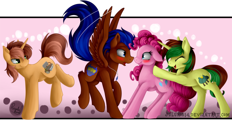 Size: 5787x3193 | Tagged: safe, artist:julunis14, derpibooru import, pinkie pie, oc, oc:nimble wing, oc:northern spring, oc:spectrum lighting, earth pony, pegasus, pony, unicorn, blushing, boop, canon x oc, eyes closed, female, forced shipping, freckles, group, imminent kissing, jewelry, male, necklace, noseboop, pushing, shipper on deck, shipping, simple background, transparent background, ych result