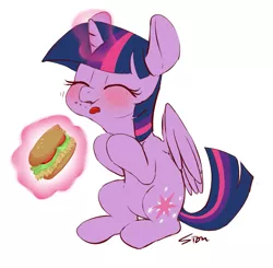 Size: 1005x984 | Tagged: safe, artist:sion, derpibooru import, twilight sparkle, twilight sparkle (alicorn), alicorn, pony, blushing, burger, cute, eating, eyes closed, female, food, glowing horn, hay burger, ketchup, magic, mare, sauce, simple background, sitting, solo, telekinesis, that pony sure does love burgers, twilight burgkle, white background