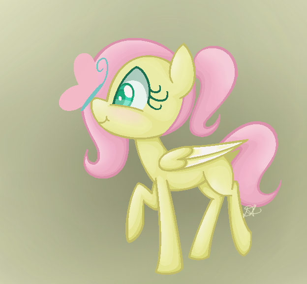 Size: 624x576 | Tagged: safe, artist:awesomeguywhoop, derpibooru import, fluttershy, butterfly, pegasus, pony, blank flank, female, filly, folded wings, gradient background, insect on nose, looking at something, profile, raised hoof, smiling, solo, younger