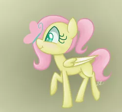 Size: 624x576 | Tagged: safe, artist:awesomeguywhoop, derpibooru import, fluttershy, butterfly, pegasus, pony, blank flank, female, filly, folded wings, gradient background, insect on nose, looking at something, profile, raised hoof, smiling, solo, younger