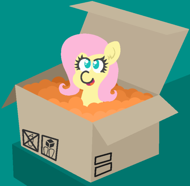 Size: 765x749 | Tagged: safe, artist:threetwotwo32232, derpibooru import, fluttershy, pony, box, bust, cute, female, head, looking at you, mare, open mouth, packing peanuts, pony in a box, shyabetes, smiling, solo, yay