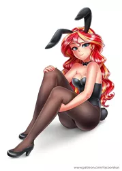 Size: 714x1000 | Tagged: suggestive, artist:racoonsan, derpibooru import, sunset shimmer, human, equestria girls, blushing, bowtie, breasts, bunny ears, bunny suit, bunny tail, cleavage, clothes, female, full body, high heels, humanized, leotard, light skin, looking at you, pantyhose, playboy bunny, raised eyebrow, sexy, shoes, simple background, sitting, smiling, solo, solo female, stupid sexy sunset shimmer, tail, underass, white background