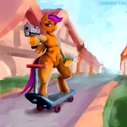 Size: 1280x1280 | Tagged: armpits, artist:hiroshi-tea, derpibooru import, dexterous hooves, grenade, gun, handgun, older, safe, scootaloo, scooter, semi-anthro, solo, traditional art, wat, watercolor painting, weapon