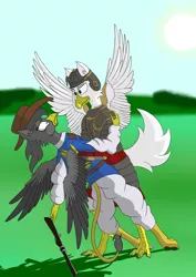 Size: 2480x3507 | Tagged: safe, artist:ethernal dye, derpibooru import, oc, oc:charcoal, oc:felix, unofficial characters only, eagle, gryphon, armor, female, hussar, male, musketeer, poland, request, straight, sweden