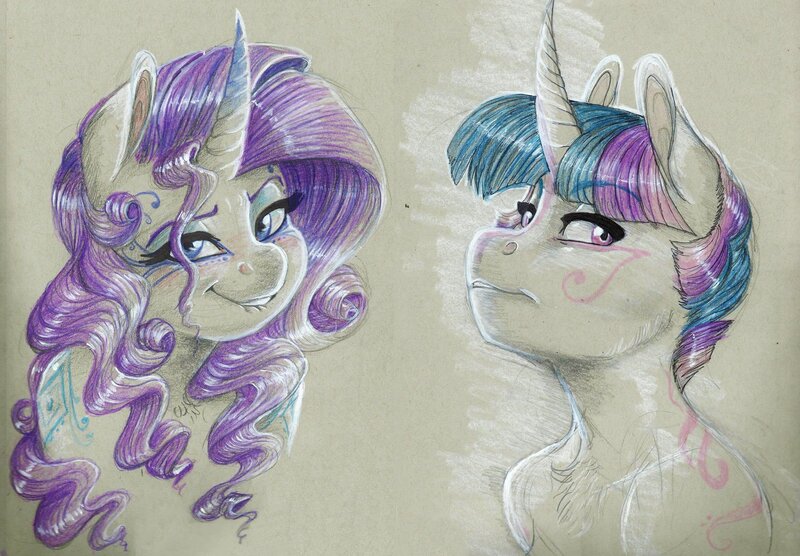 Size: 1600x1111 | Tagged: alternate hairstyle, anthro, artist:earthsong9405, bust, colored horn, curved horn, derpibooru import, gray background, lip bite, looking at you, portrait, rainbow power, rarity, safe, short mane, simple background, swirly markings, traditional art, twilight sparkle