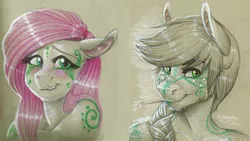 Size: 1600x901 | Tagged: anthro, applejack, artist:earthsong9405, blushing, bust, derpibooru import, duo, fluttershy, lip bite, looking at you, portrait, rainbow power, safe, scar, straw in mouth, swirly markings, traditional art