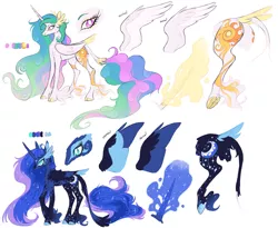 Size: 3627x2975 | Tagged: safe, artist:xenon, derpibooru import, princess celestia, princess luna, alicorn, classical unicorn, pony, alternate cutie mark, alternate design, cloven hooves, coat markings, colored hooves, ethereal mane, female, galaxy mane, glowing horn, leonine tail, magic, mare, redesign, royal sisters, simple background, underhoof, unshorn fetlocks, white background