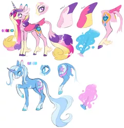 Size: 2504x2593 | Tagged: safe, artist:xenon, derpibooru import, princess cadance, trixie, alicorn, classical unicorn, pony, unicorn, alternate cutie mark, alternate design, cloven hooves, coat markings, duo, feathered fetlocks, female, leonine tail, mare, redesign, simple background, smiling, socks (coat marking), tail feathers, underhoof, unshorn fetlocks, white background