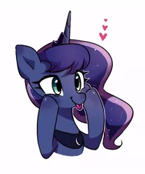 Size: 500x600 | Tagged: safe, artist:dilandau203, derpibooru import, princess luna, alicorn, pony, :p, :t, blushing, bust, cheek squish, crown, cute, female, heart, jewelry, lunabetes, mare, regalia, silly, silly pony, simple background, smiling, solo, squishy cheeks, tongue out, white background