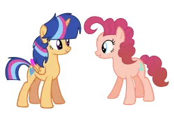Size: 1192x832 | Tagged: safe, artist:thesmall-artist, derpibooru import, pinkie pie, oc, oc:candy pie, oc:magic shield, unofficial characters only, alicorn, earth pony, pony, duo, female, mare, next generation, offspring, parent:cheese sandwich, parent:flash sentry, parent:pinkie pie, parent:twilight sparkle, parents:cheesepie, parents:flashlight, simple background, transparent background