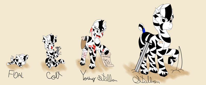 Size: 3150x1300 | Tagged: age progression, artist:thomas tesla, blood, colt, derpibooru import, foal, growth, hunter, male, oc, oc:burdock of virgo, safe, stallion, sword, unofficial characters only, weapon, zebra, zebra oc