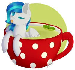 Size: 1664x1548 | Tagged: safe, artist:minetane, derpibooru import, oc, oc:gusty gale, unofficial characters only, pegasus, pony, commission, cup, cup of pony, micro, one eye closed, simple background, solo, teacup, tongue out, transparent background, wink, ych result