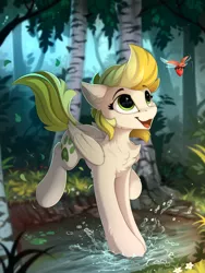 Size: 1800x2399 | Tagged: safe, artist:yakovlev-vad, derpibooru import, oc, oc:dandelion blossom, unofficial characters only, beetle, insect, pegasus, pony, berry, birch, chest fluff, female, food, forest, mare, open mouth, river, running, scenery, solo, strawberry, stream