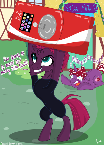 Size: 3445x4823 | Tagged: safe, artist:darkest-lunar-flower, derpibooru import, fizzlepop berrytwist, tempest shadow, oc, oc:fizzy cream, unicorn, my little pony: the movie, broken horn, coca-cola, coca-cola freestyle machine, crying, female, ponyville, pure unfiltered evil, soda, soda can, stealing