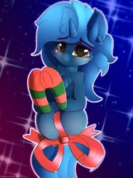 Size: 916x1226 | Tagged: suggestive, artist:n0nnny, derpibooru import, oc, oc:starlight blossom, unofficial characters only, unicorn, blushing, clothes, female, filly, gift wrapped, ribbon, socks, solo, starry eyes, stars, striped socks, wingding eyes, wrapped up