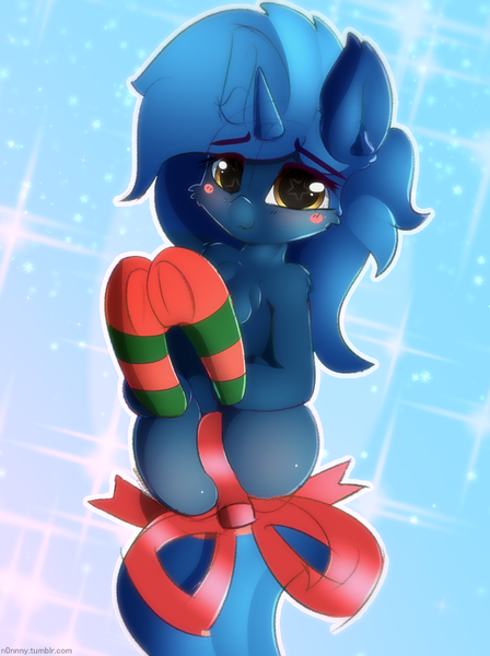 Size: 916x1226 | Tagged: suggestive, alternate version, artist:n0nnny, derpibooru import, oc, oc:starlight blossom, unofficial characters only, unicorn, blushing, clothes, female, filly, gift wrapped, ribbon, socks, solo, starry eyes, stars, striped socks, wingding eyes, wrapped up