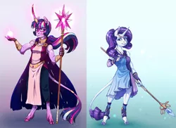 Size: 1600x1167 | Tagged: safe, artist:earthsong9405, artist:turnipberry, deleted from derpibooru, derpibooru import, rarity, twilight sparkle, anthro, classical unicorn, unguligrade anthro, unicorn, goddess au, alternate universe, arm band, blue background, cloven hooves, curved horn, demigod, duo, female, gradient background, horn ring, leonine tail, link in description, long description, mare, priestess, purple background, robes, simple background, staff, swirly markings, tail ring, unshorn fetlocks