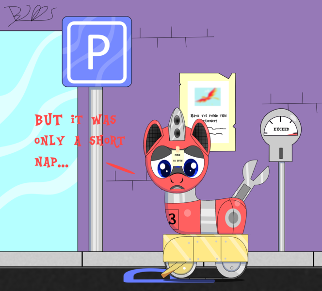 Size: 2000x1806 | Tagged: safe, artist:trackheadtherobopony, derpibooru import, philomena, oc, oc:trackhead, original species, pony, robot, robot pony, wheelpone, parking lot, parking ticket, sign, solo, wheel boot