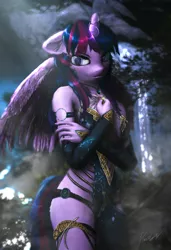 Size: 4320x6320 | Tagged: 3d, absurd resolution, alicorn, anthro, artist:princeoracle, bare shoulders, breasts, clothes, crepuscular rays, crossed arms, derpibooru import, dress, female, floppy ears, fluffy, gloves, glowing horn, horn, leg fluff, lidded eyes, long gloves, looking at you, magic, magic aura, mare, paintover, regalia, safe, sexy, shoulder fluff, shy, signature, solo, source filmmaker, twilight sparkle, twilight sparkle (alicorn), wing fluff