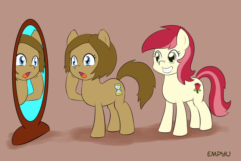 Size: 1000x667 | Tagged: safe, artist:empyu, derpibooru import, doctor whooves, roseluck, time turner, pony, 30 minute art challenge, cute, doctor who, female, mare, mirror, rule 63, the doctoress