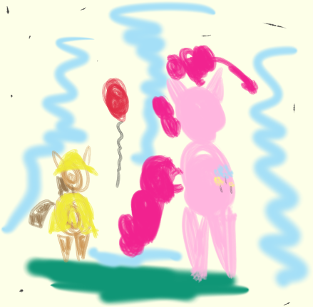 Size: 439x431 | Tagged: safe, artist:perfectblue97, derpibooru import, pinkie pie, pony, balloon, crayon drawing, drawing, foal, it