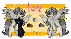 Size: 960x533 | Tagged: safe, artist:frowzie, derpibooru import, oc, oc:ion sparkplug, unofficial characters only, pegasus, pony, clothes, cutie mark, grin, hoodie, reference sheet, screwdriver, seductive eyes, smiling