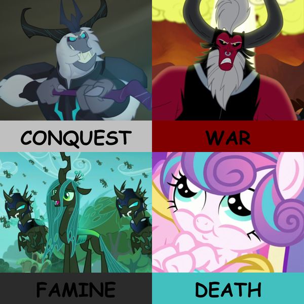 Size: 960x960 | Tagged: safe, artist:twilightsporckle, derpibooru import, edit, edited screencap, screencap, lord tirek, princess flurry heart, queen chrysalis, storm king, alicorn, centaur, changeling, changeling queen, pony, my little pony: the movie, the crystalling, the cutie re-mark, twilight's kingdom, apocalypse, female, filly, foal, four horsemen of the apocalypse, horseman of conquest, horseman of death, horseman of famine, horseman of war, nose piercing, nose ring, piercing