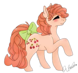 Size: 1024x967 | Tagged: safe, artist:dreamcreationsink, derpibooru import, cherries jubilee, earth pony, pony, bow, female, g1, mare, raised hoof, simple background, solo, tail bow, transparent background