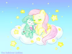 Size: 1024x768 | Tagged: safe, artist:therainbowmaiden, derpibooru import, fluttershy, pegasus, pony, care bears, cloud, crossover, cute, duo, eyes closed, folded wings, gentle heart, gentle heart lamb, on a cloud, prone, sitting, smiling