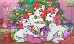 Size: 854x512 | Tagged: safe, artist:conphettey, derpibooru import, baby stockings, merry treat, g1, bow, candy, candy cane, christmas, christmas tree, cookie, food, gingerbread man, holiday, present, stockings (g1), tail bow, tree