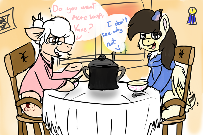 Size: 1500x1000 | Tagged: safe, artist:euspuche, derpibooru import, oc, oc:eustakia, oc:vanellope, unofficial characters only, bat, bat pony, earth pony, pony, dressing, food, house, looking at each other, old woman, sitting, soup, table