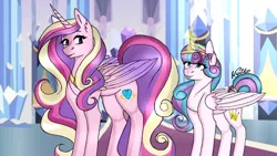 Size: 2560x1440 | Tagged: safe, artist:nyokoart, derpibooru import, princess cadance, princess flurry heart, alicorn, pony, crystal castle, duo, female, glowing horn, mare, mother and daughter, older, older flurry heart, teenager