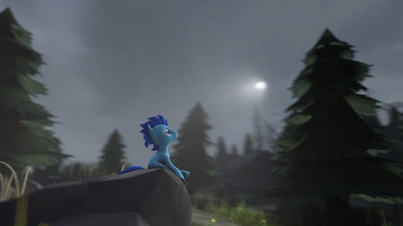 Size: 1920x1080 | Tagged: safe, artist:deployerfullgeek, derpibooru import, oc, unofficial characters only, pony, 3d, forest, looking up, male, moon, sitting, solo, source filmmaker, stallion