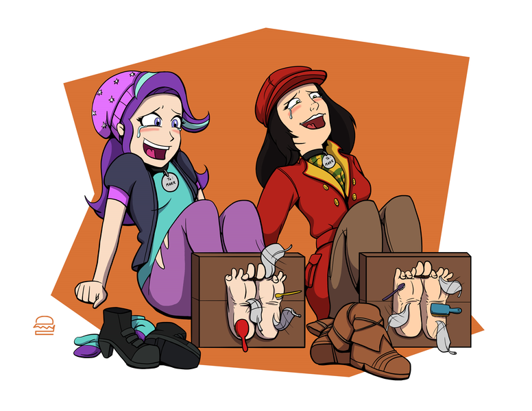 Size: 2200x1700 | Tagged: suggestive, artist:coffeeburger, derpibooru import, starlight glimmer, human, equestria girls, barefoot, beanie, blushing, bondage, boots, breasts, brush, clothes, coat, collar, commission, crossover, crying, equestria girls outfit, erotic tickling, fallout, fallout 4, feet, female, females only, fetish, foot fetish, hat, high heel boots, humanized, laughing, open mouth, pet tag, piper wright, shoes, socks, soles, stocks, tears of laughter, tickle fetish, tickle torture, tickling, toe tied, toes, toothbrush, torn clothes