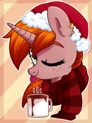 Size: 2808x3736 | Tagged: safe, artist:starrcoma, derpibooru import, oc, oc:debra rose, unofficial characters only, pony, unicorn, blinking, bust, chocolate, christmas, clothes, ear piercing, earring, food, freckles, hat, holiday, horn, hot chocolate, jewelry, one eye closed, piercing, santa hat, scarf, simple background, solo, tongue out, wink