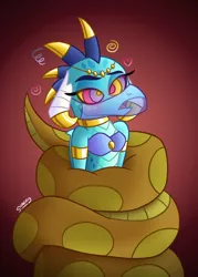 Size: 768x1072 | Tagged: suggestive, artist:snakeythingy, derpibooru import, princess ember, dragon, snake, armlet, belly dancer, belly dancer outfit, bikini, bikini top, blushing, bondage, breasts, clothes, coils, fetish, gradient background, jewelry, kaa eyes, mind control, story included, swimsuit, veil