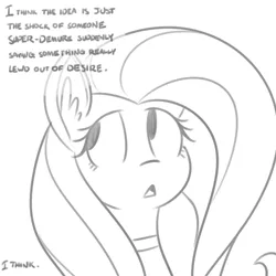 Size: 500x500 | Tagged: dead source, suggestive, artist:reiduran, derpibooru import, fluttershy, pony, bust, choker, chokershy, dialogue, discussion, ear fluff, female, grayscale, mare, monochrome, sketch, solo, solo female, until the choker breaks