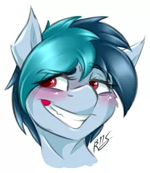 Size: 1868x2156 | Tagged: safe, artist:drizziedoodles, derpibooru import, oc, oc:delta vee, unofficial characters only, pony, bedroom eyes, blushing, bust, cute, cute little fangs, fangs, grin, portrait, simple background, smiling, smirk, solo, white background