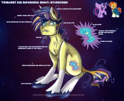 Size: 3200x2600 | Tagged: safe, artist:downpourpony, derpibooru import, twilight sparkle, twilight sparkle (alicorn), oc, oc:starscribe, unofficial characters only, alicorn, pony, offspring, parent:sunburst, parent:twilight sparkle, parents:twiburst, reference sheet