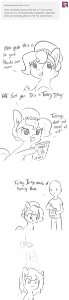 Size: 660x2839 | Tagged: safe, artist:tjpones, derpibooru import, pinkie pie, oc, oc:brownie bun, oc:richard, unofficial characters only, earth pony, human, pony, horse wife, brownie bun without her pearls, comic, female, grayscale, innocent, mare, monochrome, pinkamena diane pie, ponies eating meat, shower, shower of angst, simple background, thousand yard stare, tumblr, white background
