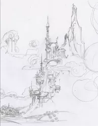 Size: 936x1209 | Tagged: artist:lauren faust, canterlot, derpibooru import, inspiration, minas tirith, monochrome, mountain, no pony, peak, safe, scenery, sketch, traditional art