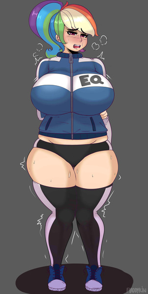 Size: 1771x3507 | Tagged: artist:fladdykin, big breasts, black underwear, breasts, busty rainbow dash, clothes, converse, derpibooru import, female, gray background, human, humanized, multicolored hair, open mouth, rainbow dash, shoes, simple background, sneakers, solo, solo female, suggestive, sweat, underwear