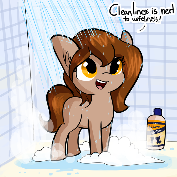 Size: 1650x1650 | Tagged: safe, artist:tjpones, derpibooru import, oc, oc:brownie bun, unofficial characters only, earth pony, pony, horse wife, brownie bun without her pearls, clean, cleanliness is next to godliness, cute, dialogue, ear fluff, female, loose hair, mane 'n tail, mare, product placement, shampoo, shower, soap, soap suds, solo, tjpones is trying to murder us, water, wet mane