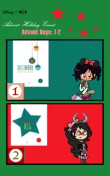 Size: 724x1152 | Tagged: advent calendar, artist:obeliskgirljohanny, bite mark, christmas, clothes, derpibooru import, disney, disney fashion, glasses, hand on hip, holiday, horns, human, humanized, lidded eyes, makeup, meme, mickey ears, oc, oc:seraphim cyanne, oc:strawberry rose, safe, shopping bags, unofficial characters only, vampire