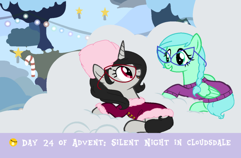 Size: 1344x884 | Tagged: safe, artist:obeliskgirljohanny, derpibooru import, oc, oc:seraphim cyanne, oc:turtledove, unofficial characters only, pegasus, pony, unicorn, advent calendar, base used, clothes, cloud, cloudsdale, female, from above, glasses, hearthwarmingeve, lights, looking at each other, mare